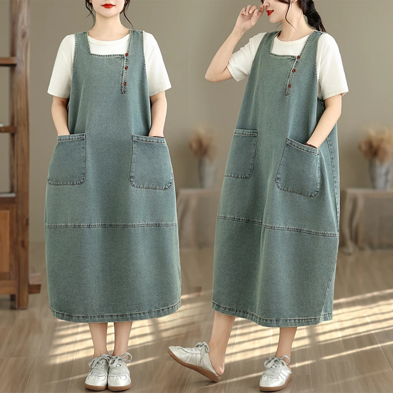 New Loose Casual Large Size Washed Denim Mid-Length Over-Knee Women's Dress with Double Pockets High Waist Casual Style