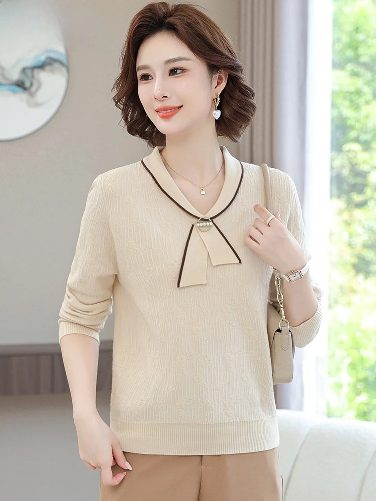 

Тонкий вязаный топ для женщин среднего возраста, осенняя модная базовая модель для многослойных образов, из смеси полиэстера, акрила и нейлона, с круглым вырезом.