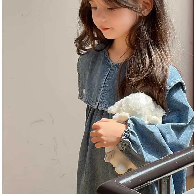 Girls\' Denim Dress with Large Collar Washed Denim Long Sleeved Dress A-line Skirt 2024 Spring and Autumn New Children Outfit