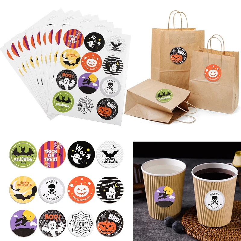 10Sheets Halloween Cartoon Round Skull Pumpkin Ghost DIY Sealing Sticker Halloween Party Gift Box Card Candy Bag Favors Decor