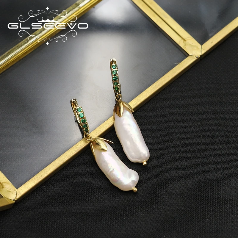 GLSEEVO Natural Baroque White Long Pearls Earring Set French Fashion Romantic Floral Luxury Jewelry Wedding Party Gifts GE1194