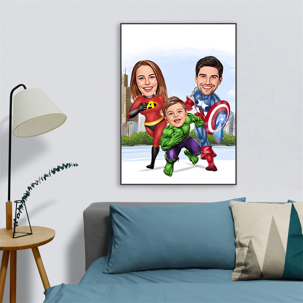 Personalized Superhero Family Cartoon Portrait Prints Custom Family Portrait Poster Canvas Painting Caricature from Photo Gift