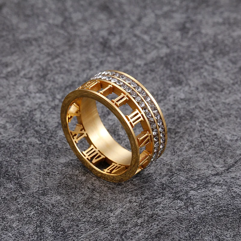 Stainless Steel Gold Silver Color Rings For Women Trendy Zircon Hollow Roman Numerals Wedding Party Finger Rings Jewelry Gifts