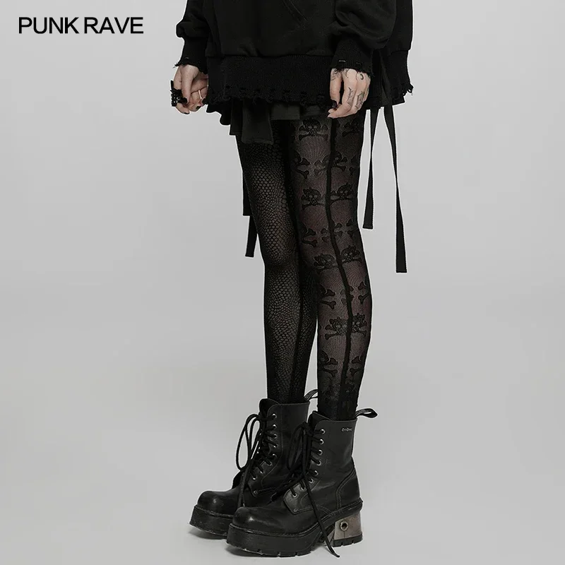 PUNK RAVE Women\'s Punk Leopard and Skull Pattern Leggings Transluscent Effec Cute Sexy Personality Street Wear Black Pants