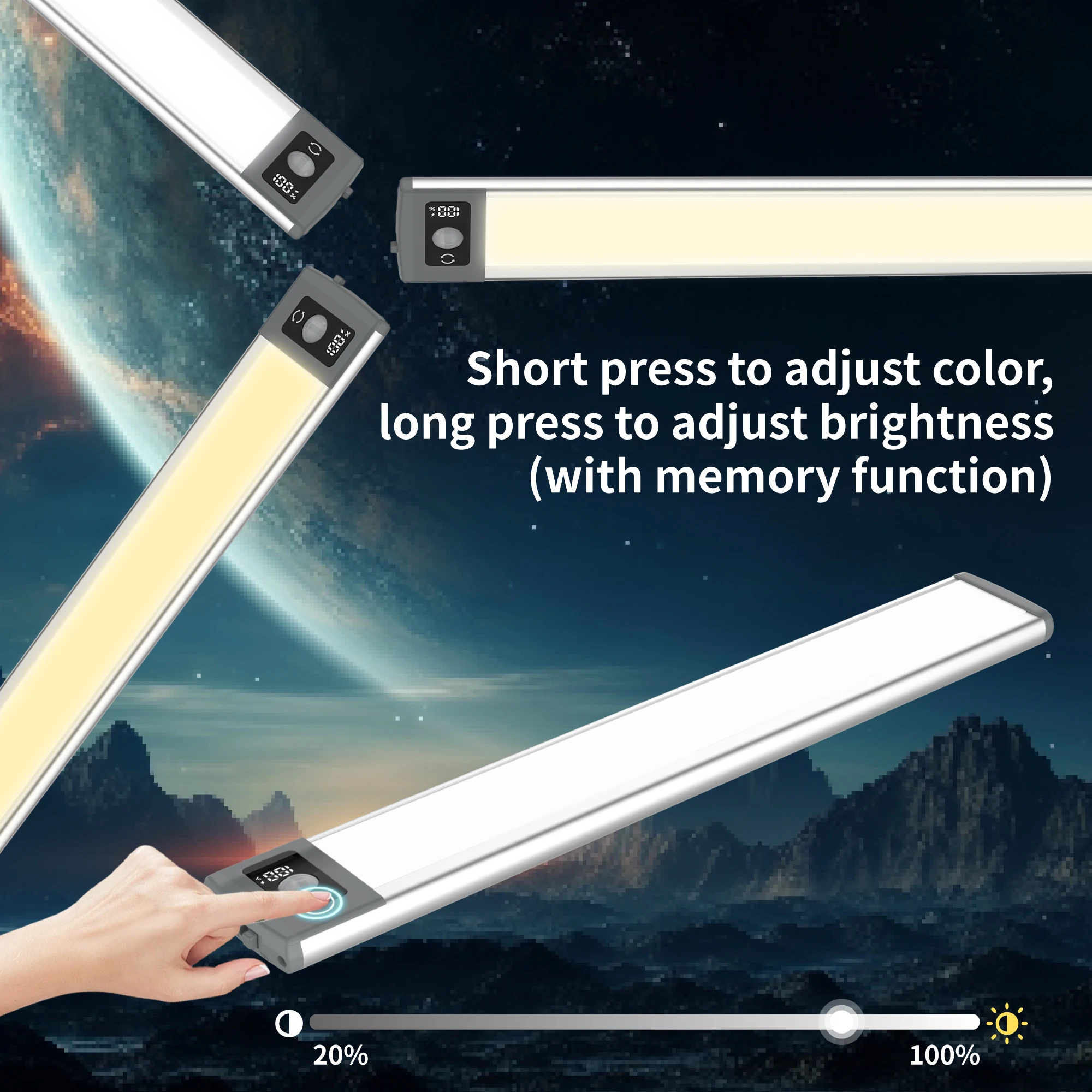 2Pcs 68Led Motion Sensor Light, Magnetic Cabinet Light, Three-Color Dimming, Touch Control, Battery Digital Display, USB Charging, Suitable for Kitchen, Bedroom, Etc