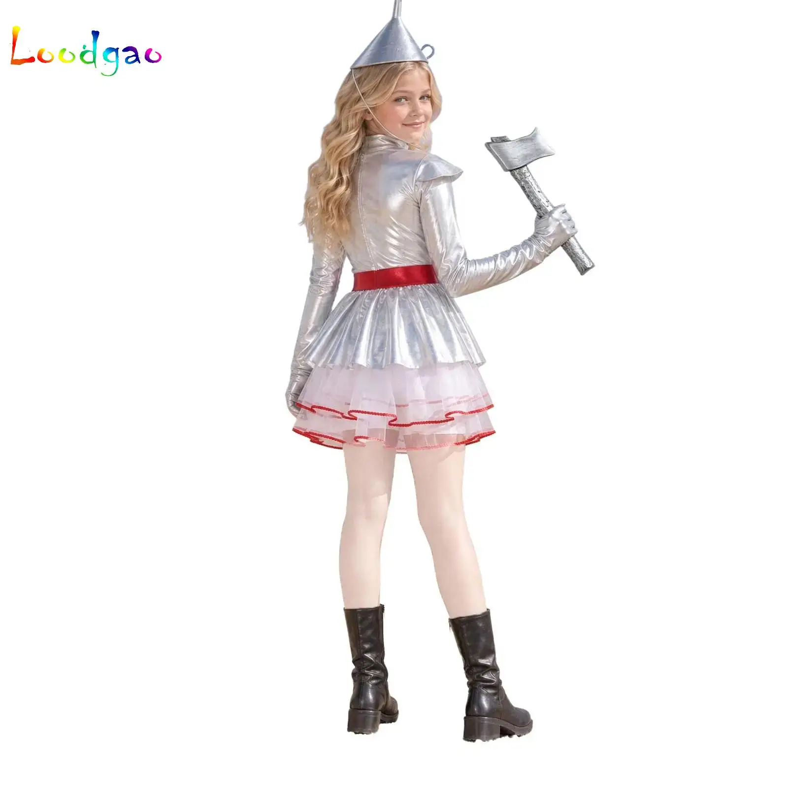 6-16Y Halloween Tin Costume Long Sleeves Zipper Metallic Tulle Tutu Dress with Hat Axe Gloves Suit Carnival Performance Clothes