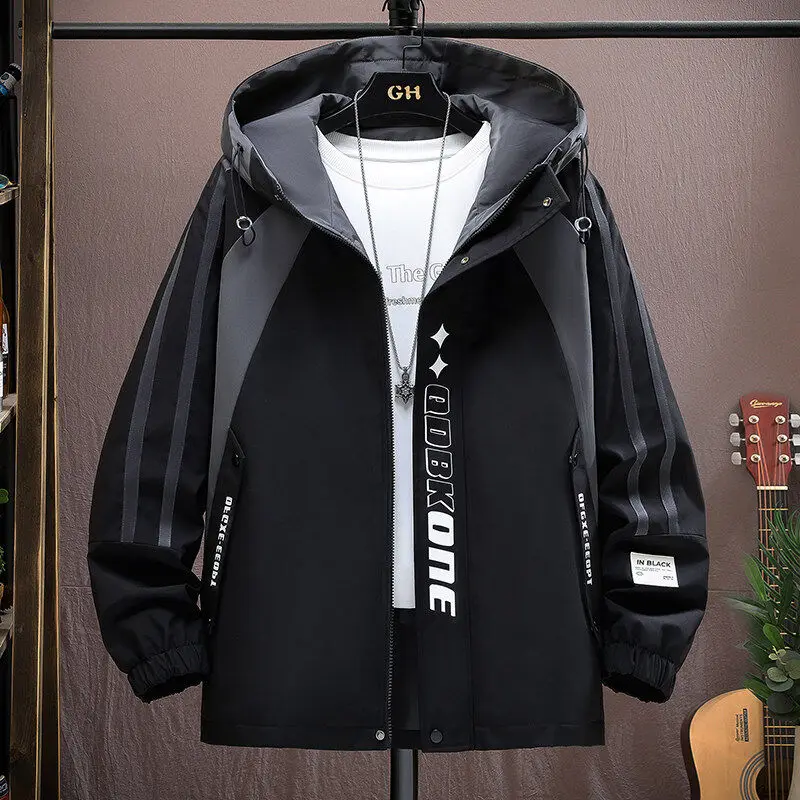 

Men's Spring Autumn Color Blo Hood Jaet Youth Sle Polyester Fiber Long Sve Stand Fit Casual Workwear Coat