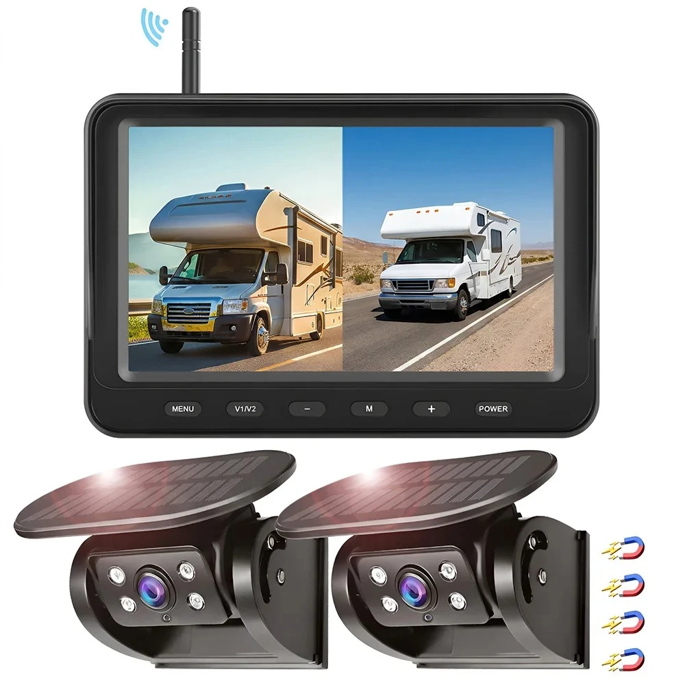 5 Inch 4CH Monitor Wireless Solar Backup Camera DVR Loop Recording AI BSD Blind Spot Detection Alarm System for RV Truck Caravan