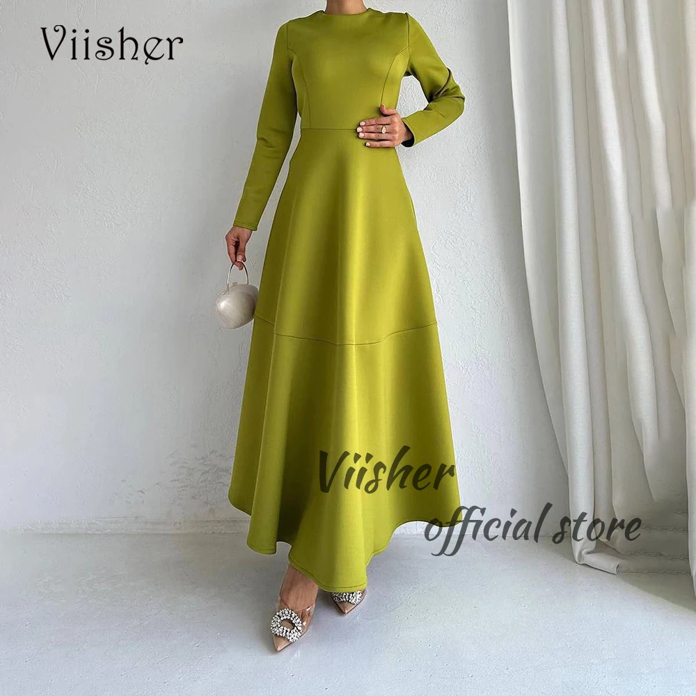 

Sage Green Satin Evening Dresses Long Sleeve O Neck A Line Formal Prom Dress Ankle Length Evening Party Gowns Lace Up Back