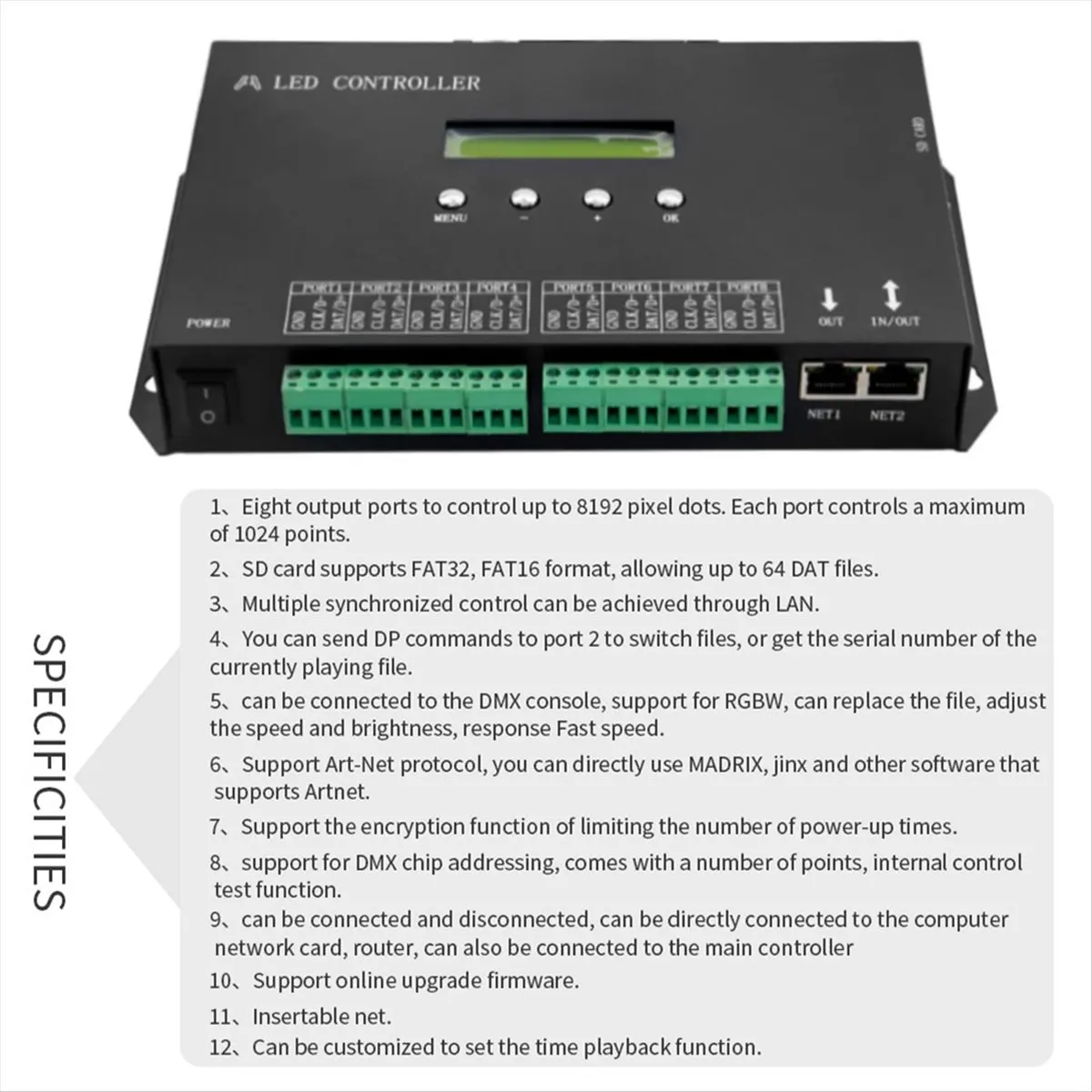 Need WiFI LED Pixel Controller Artnet to SPI Supports Madrix Software LAN Synchrony SD Card DMX512 Console (H807SA) EU Plug