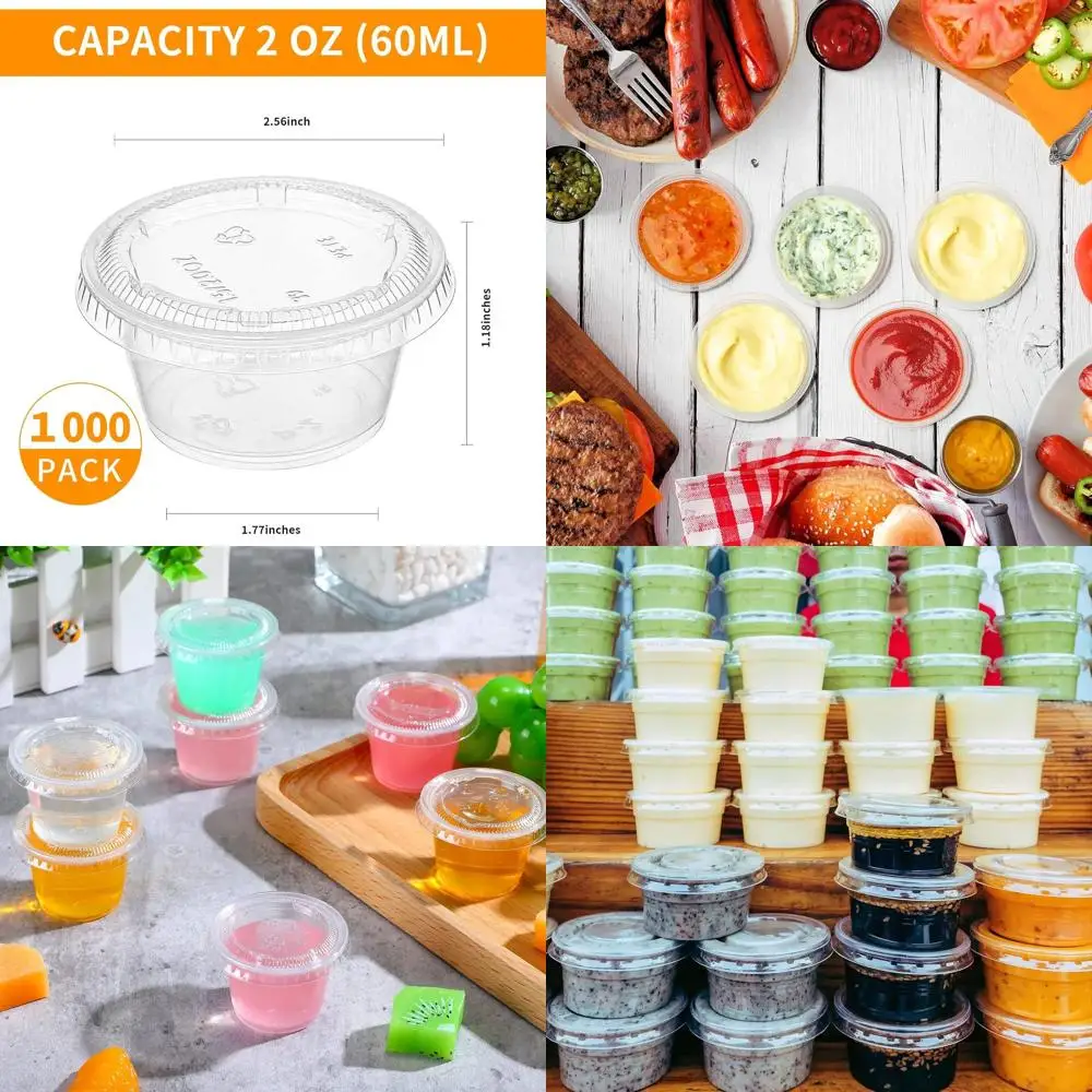 

2 oz Jelly Shot Cups Set of 1000 with Lids, Disposable Plastic Portion Cups for Sauce, Salad, Dressing, Ideal for Catering, Part