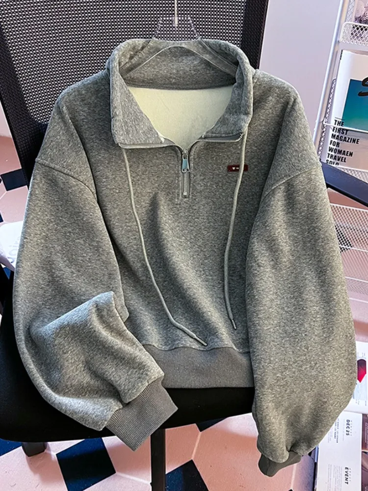 Thiened Fce 여성용 후드티 아메리칸 슬레 스탠드 칼라 스웨트셔츠 겨울 신상 루즈핏 따뜻한 상의 셀프키 디자인 코튼