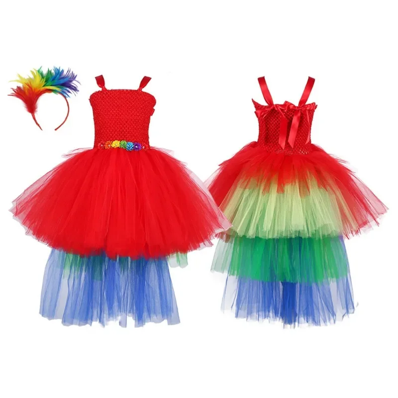 Macaw Parrot Tutu Dress with Tail Rainbow Feathers Headband Girls Birthday Party Clothes Bird Cosplay Halloween Costume for Kids