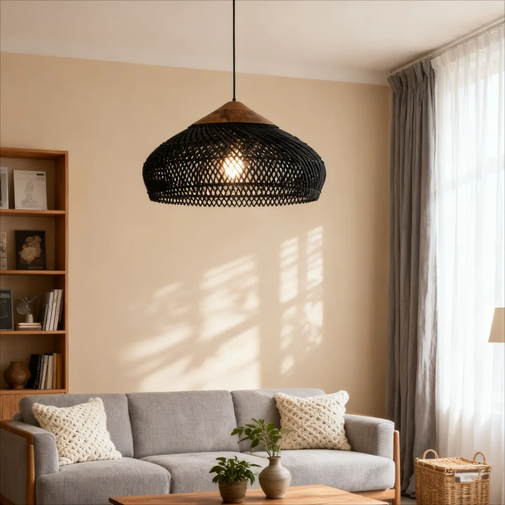 JOYINLED Vintage Rattan Pendelleuchte DIA 40/60CM gewebter Korb Lampenschirm schwarzer Kronleuchter für Esszimmer Wohnzimmer handgefertigt