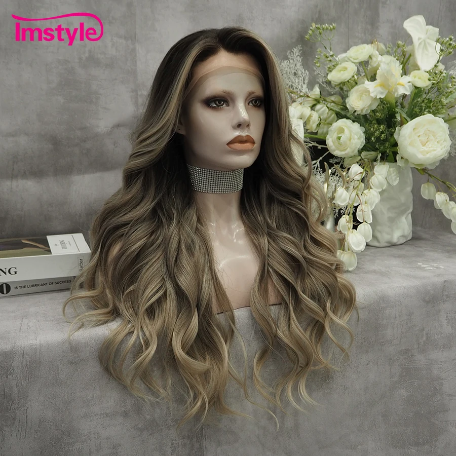 Imstyle Ombre Brown Wig Synthetic Lace Front Wig Long Natural Wavy Black Root Daily Blonde Wigs For Women Heat Resistant Fiber