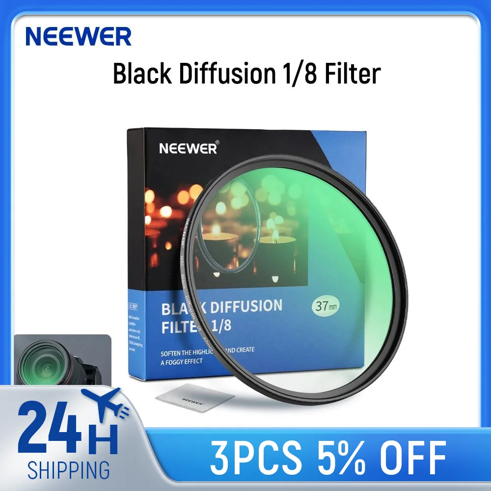 

NEEWER 37mm Black Diffusion 1/8 Filter Mist Dreamy Cinematic Effect Filter HD Optical Glass for Video/Vlog/Portrait Photography