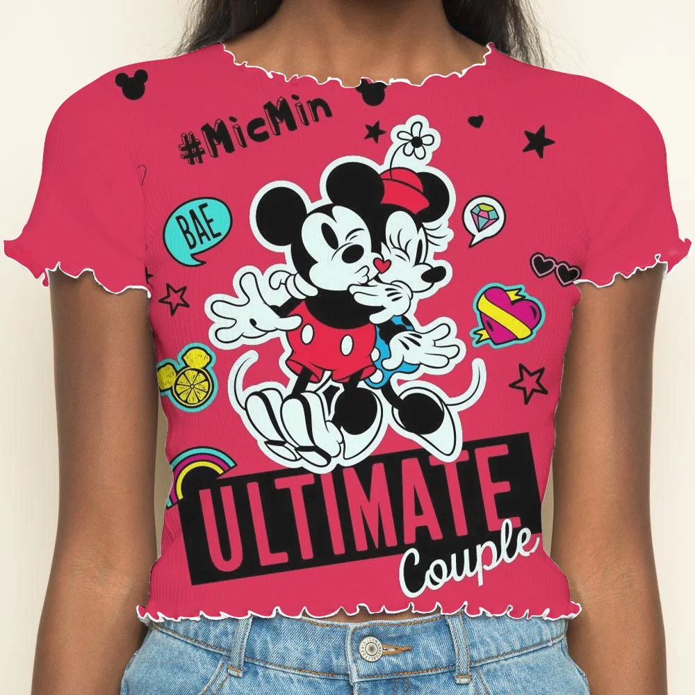 Disney-Haut court à manches courtes Minnie Mouse, T-shirt à col rond, Garniture en laitue, Vêtements pour femmes