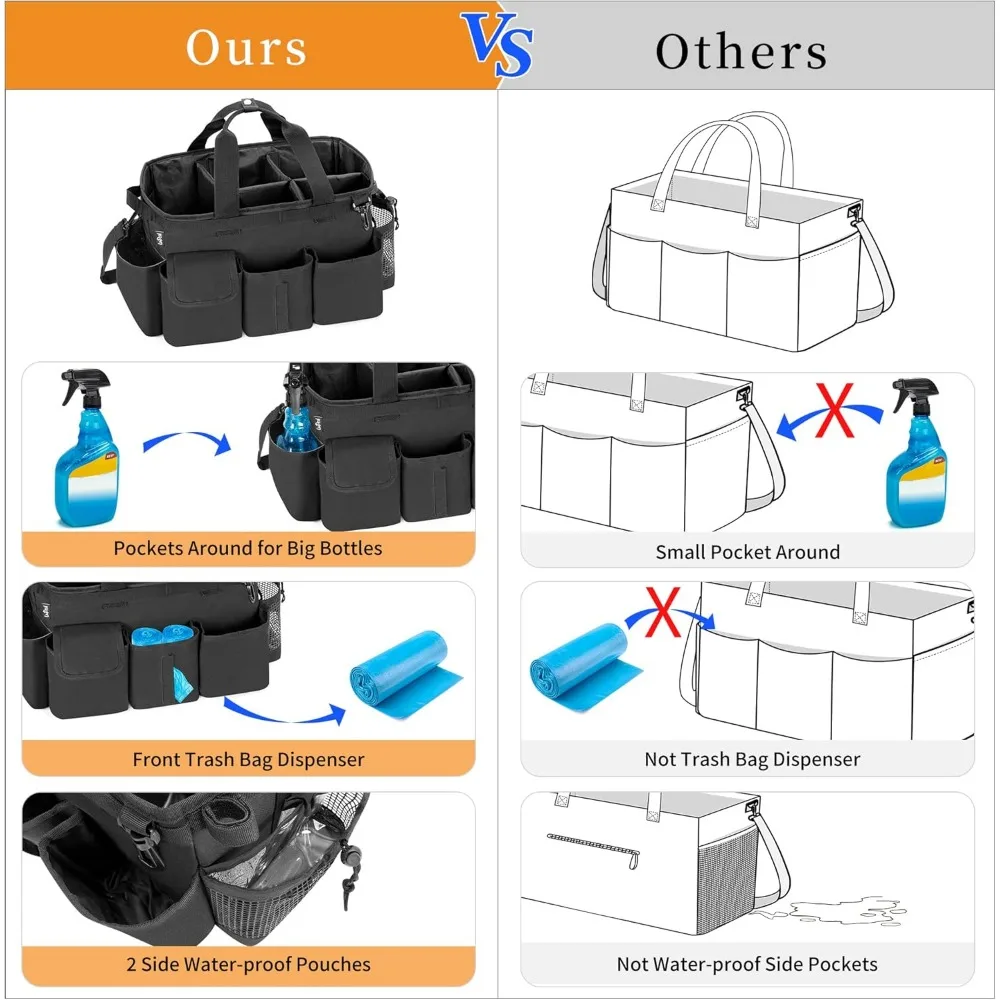 Large Cleaning Caddy Bag with Detachable Divider, Adjustable Strap for Housekeepers, Black