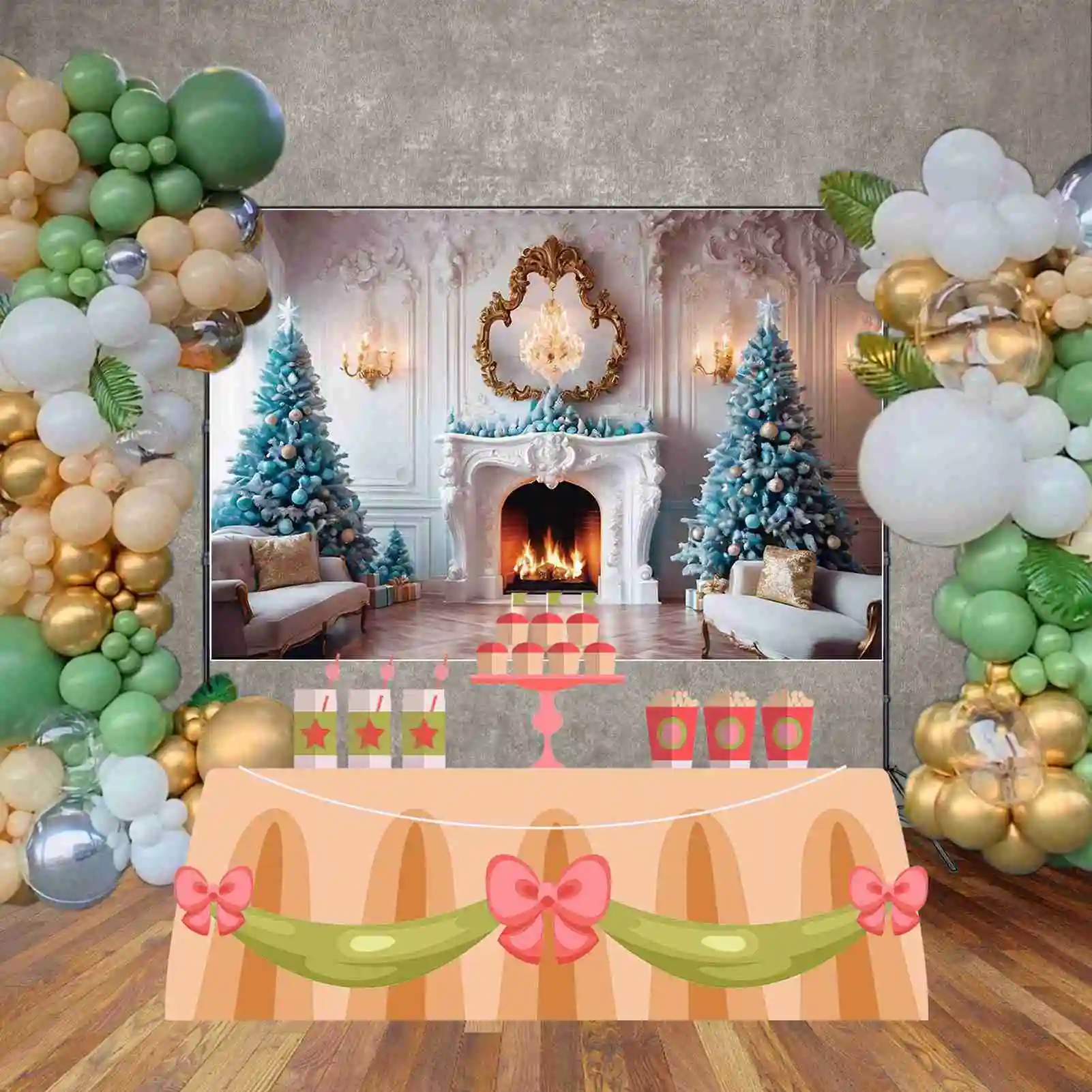 MOON.QG Christmas Party Photography Studio Background Ornamented Pine Tree Fireplace Photo Backdrop Children\'s Photoshoot Props