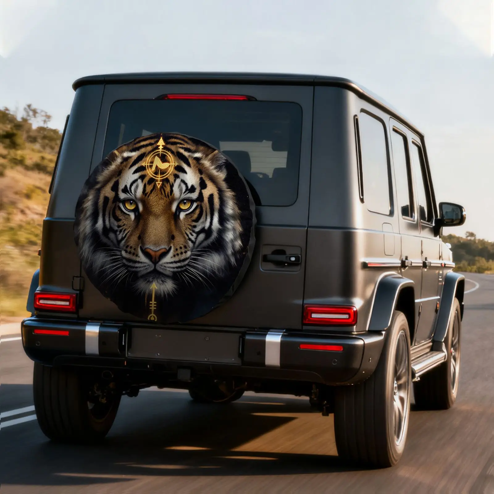Tire Cover With Tiger Emblem - Heavy-Duty Polyester Spare Tire Protector, Fit For SUVs, Trucks, RVs - Golden Tiger Stripe Design