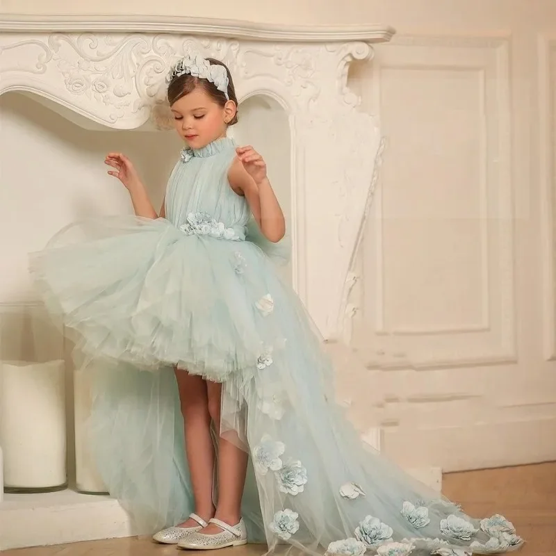 

Sky Blue Flower Girl Dresses High Neck Sweep Train Tiered Wedding Party Gowns for Princess 2023 Soft Tulle First Communion