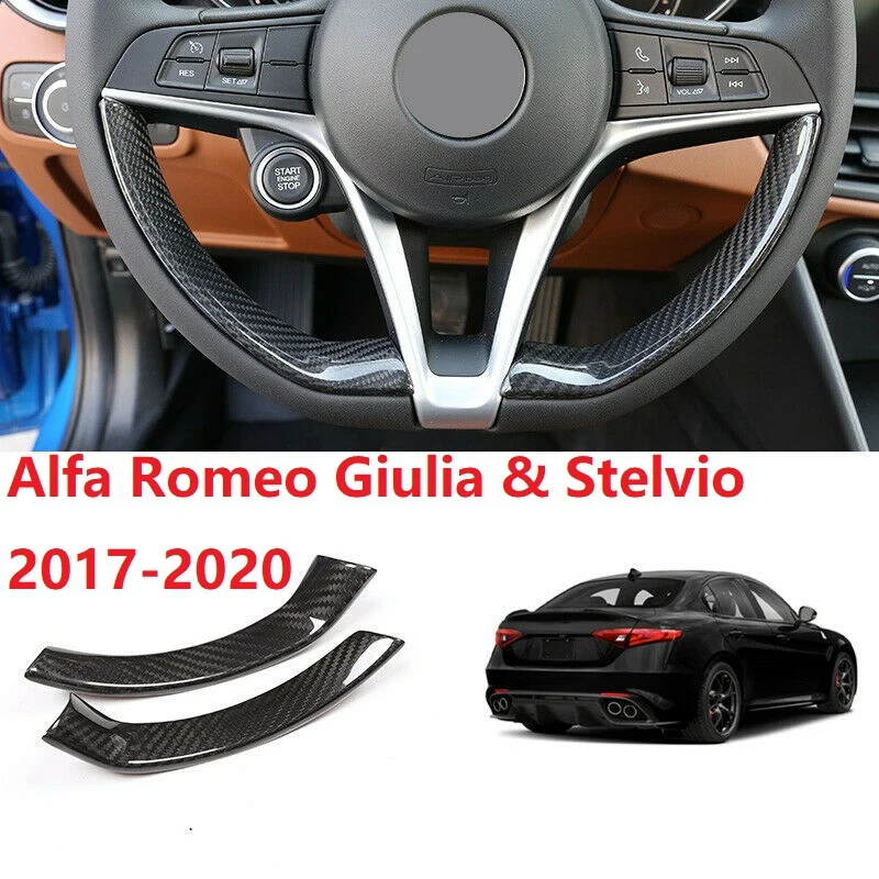 2Pcs Car Interior Steering Wheel Carbon Fiber Decorative Decor Cover Trim for Alfa Romeo Stelvio/Giulia 2016-2018