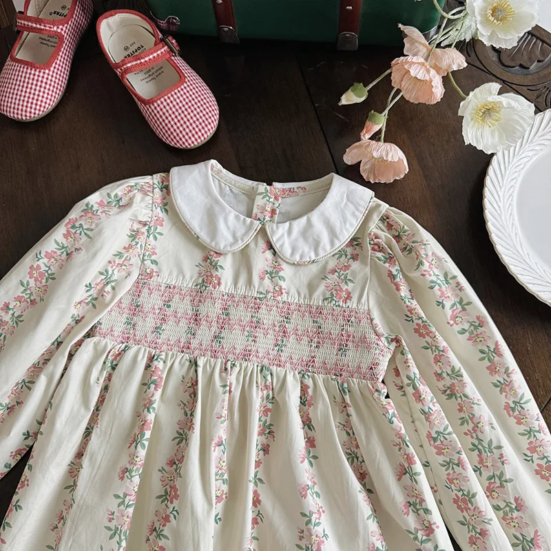 

Overseas Purchase Children's Clothing French Print Gathered Girls' Dress2025Autumn Doll Collar Sweet Long Sleeve Princess Dress