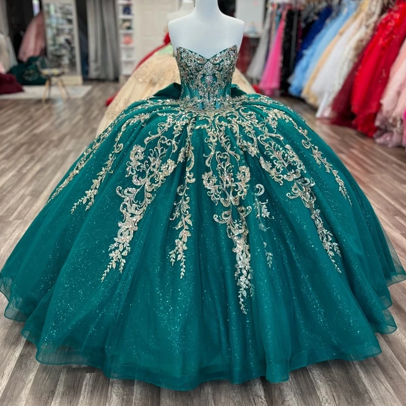 

Emerald Green Shiny Quinceanera Dresses Off The Shoulder Princess Applique Lace Bow Beads Crystal Tull Sweet 16 Birthday Party