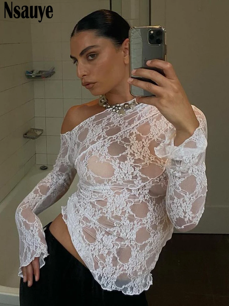 

Nsauye модные женские обтягивающие кружевные сетчатые топы Y2K, сексуальные прозрачные праздничные базовые клубные укороченные топы с длинными рукавами, мини-футболки 2025 года, топы на бретелях