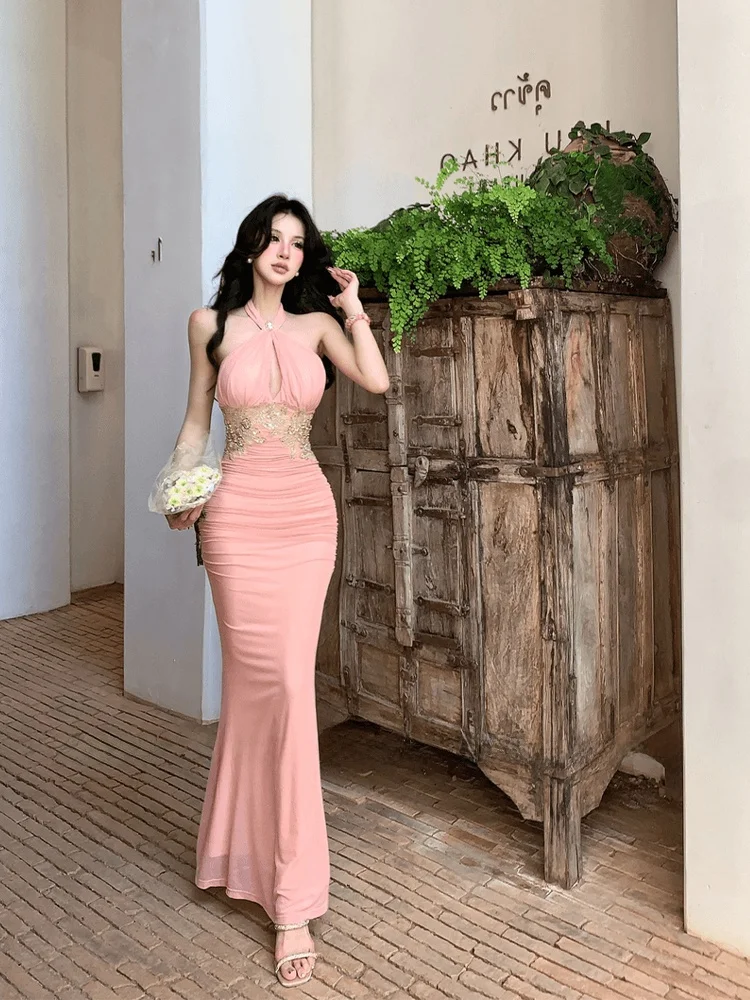 

Syj ujia plus Size Women's Pink Ne Hanging Dr Sexy Slimming Bodycon Long Dr High Waist No Sve Commute Sle