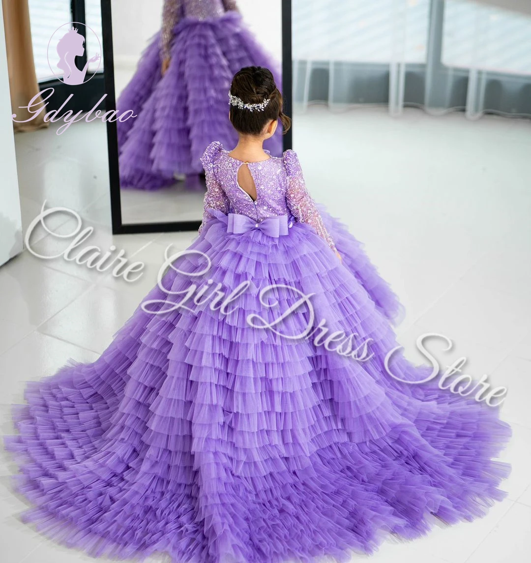 Purple Pink Layered Flower Girl Dress For Wedding Sequins Floor Length Puffy Pageant Birthday Party First Communion Gowns