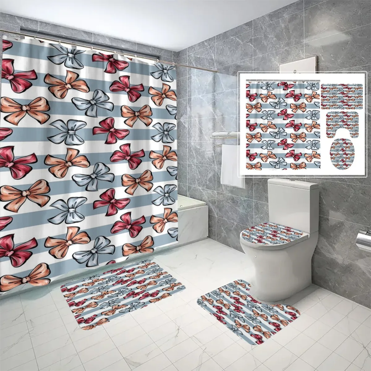 

4pc Striped bow pattern bathroom set, includes shower curtain with hooks U-shaped floor mat, non-slip mat, and toilet seat cover