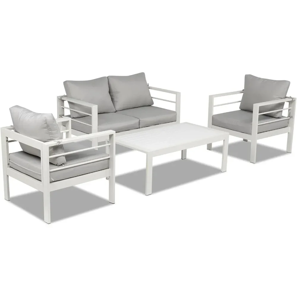 

Aluminum Patio Furniture Set 4 Seats, Outdoor Sectional with Washable Thick Cushions, Coffee Table, Patio Conversation S