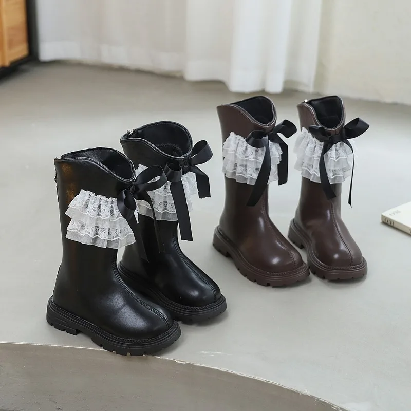 

Осенне-зимние сапоги принцессы с милым кружевным бантом для маленьких девочек, корейская версия, утепленные теплые высокие сапоги для девочек