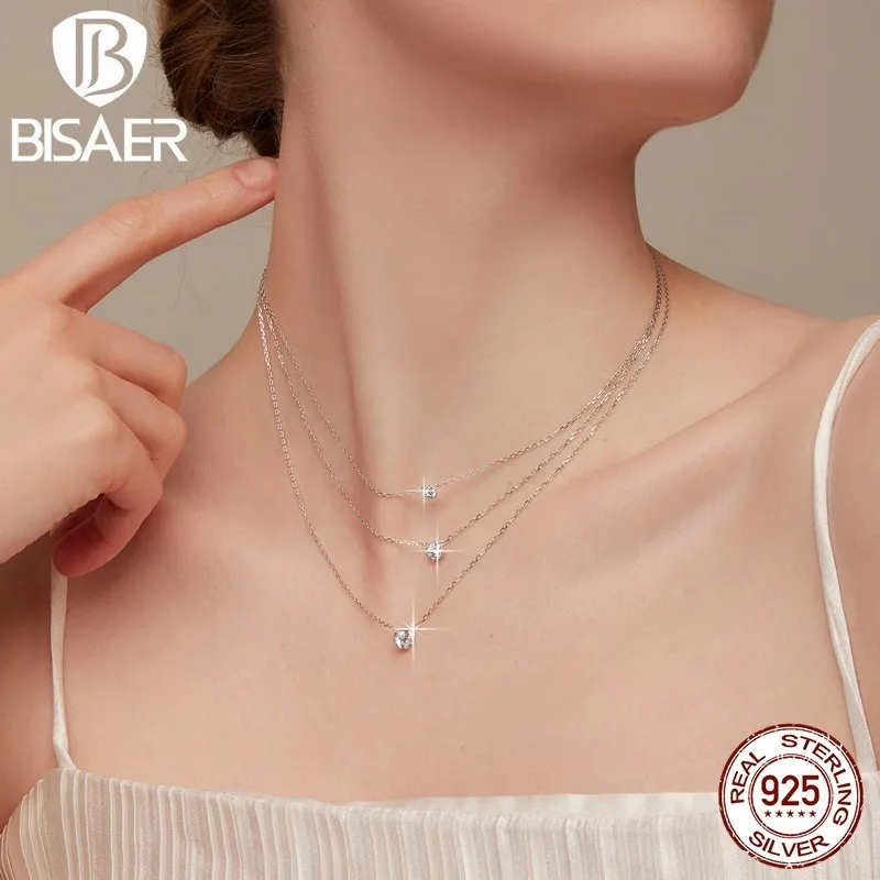 BISAER Collana in argento sterling 925 Taglio geometrico Catene al collo con zirconi scintillanti Placcato in platino per le donne Gioielleria