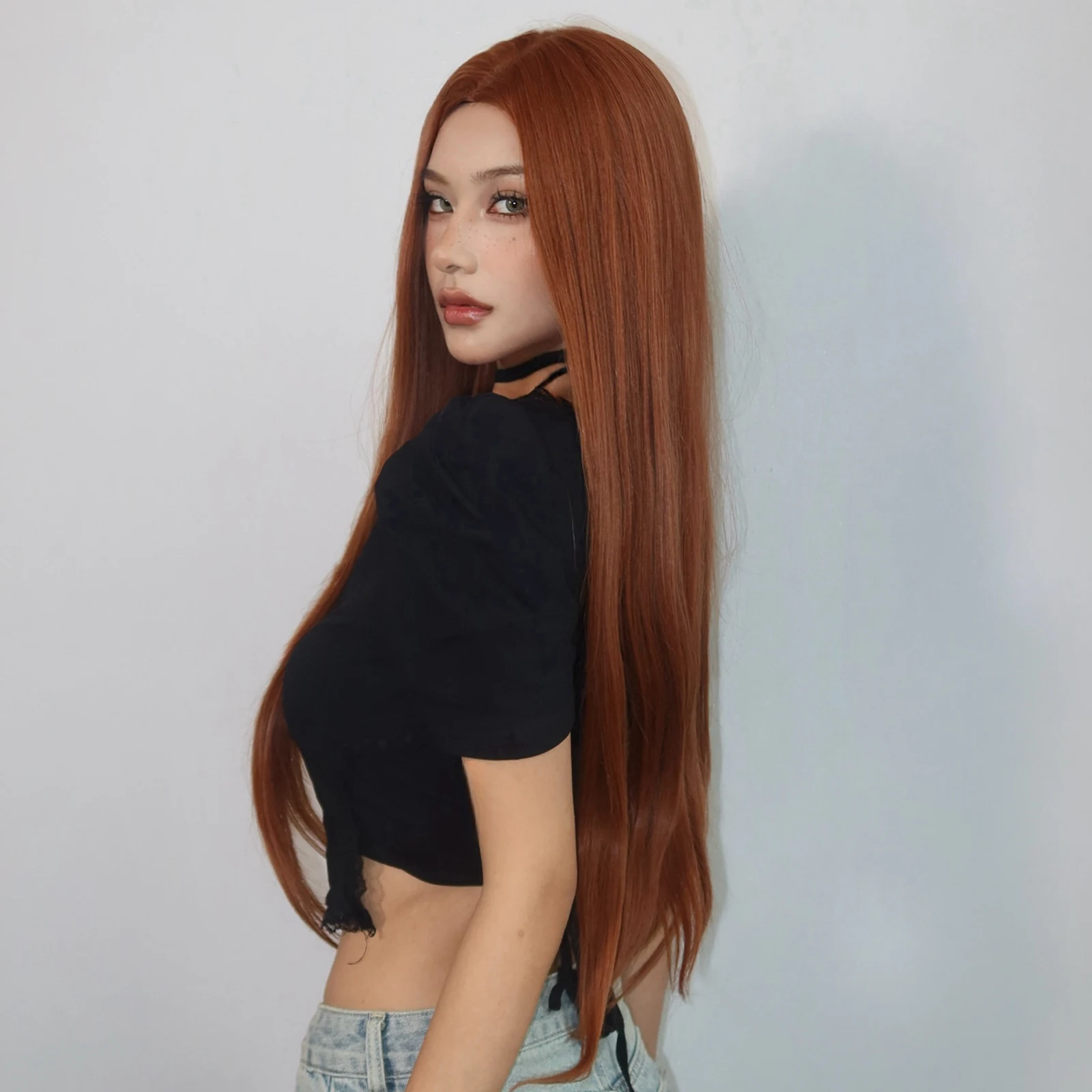 GEMMA Copper Red Brown Long Straight Synthetic Wig for Women Cosplay Lolita Wig Middle Part Natural Hair Heat Resistant Fibre