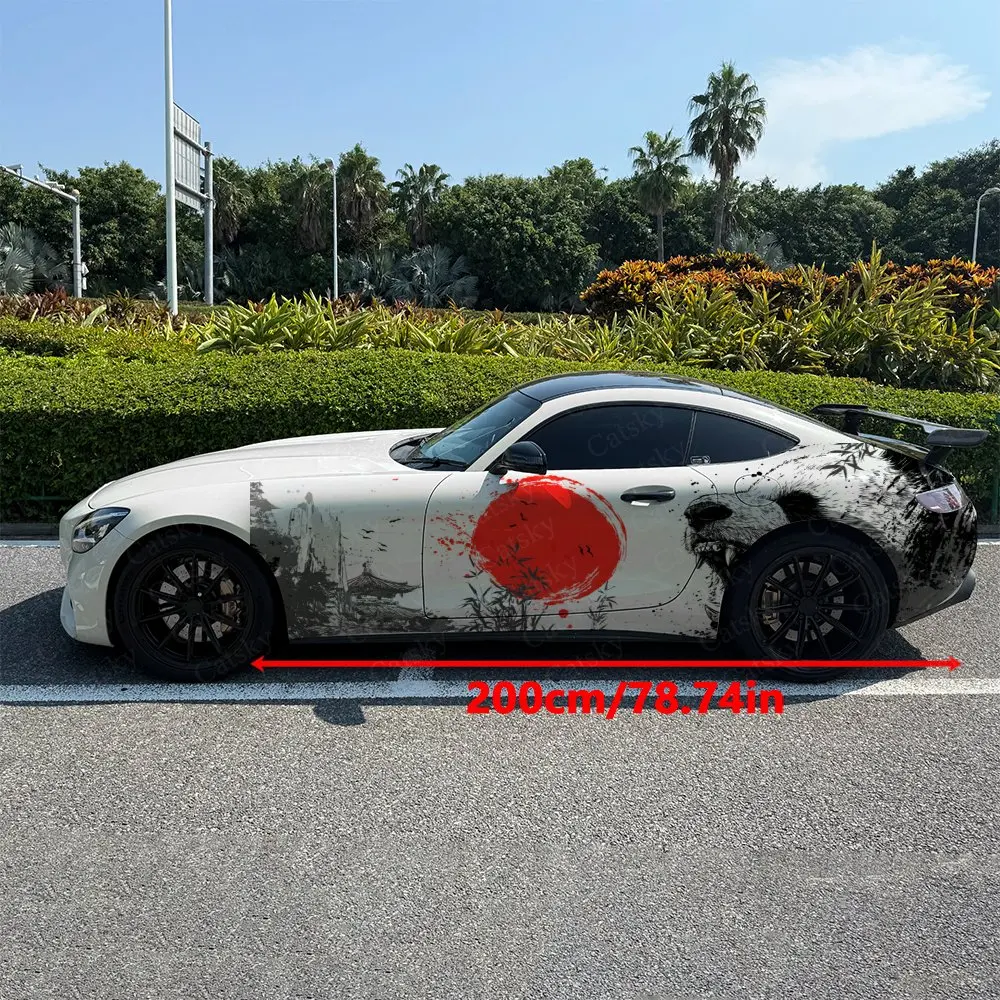 2pcs Bamboo Pavilion Red Sun Panda Car Side Wraps, Self-Adhesive PVC Waterproof & Scratch-Resistant Stickers, Car Accessory Gift