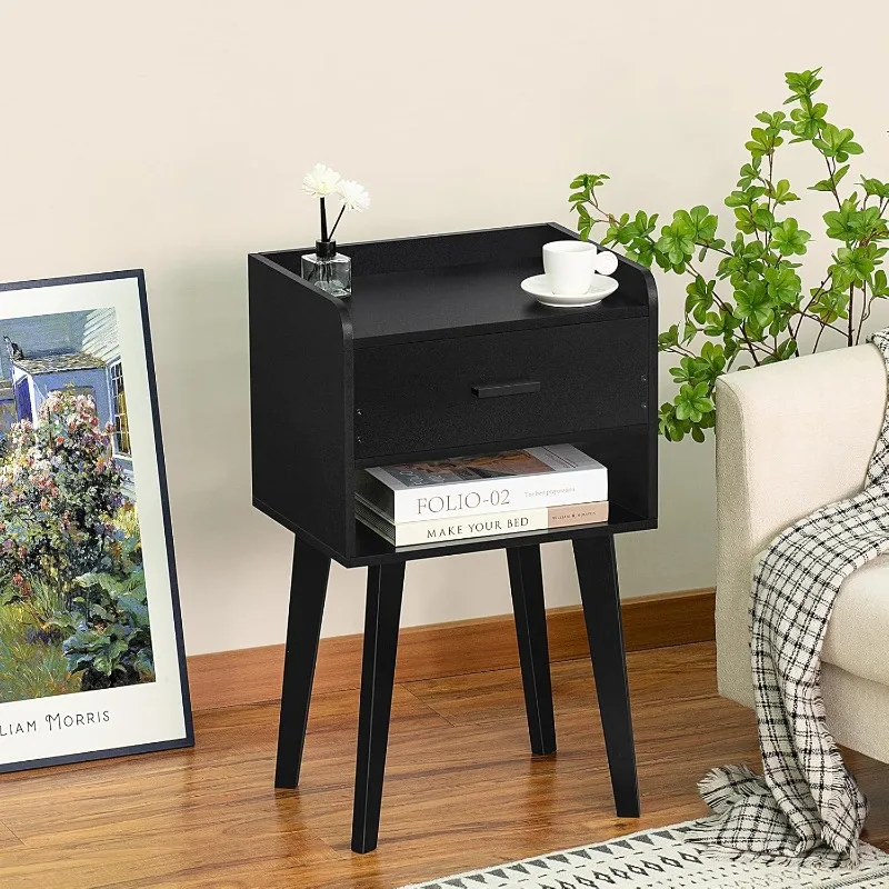 Black Nightstand, Modern Bedside Table with Drawer, Wood End Table for Small Space, Side Table with Storage, Night Stand