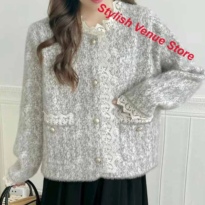 Korean Gentle Retro Small Fragrant Wind Knit Jacket Women's Autumn and Winter Fashion Lace Round Neck Loose Short Cardigan Top.