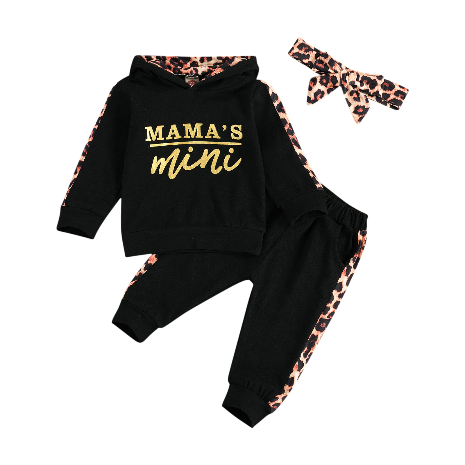 Girl’s Long-sleeved Trousers Suit Unique Letter Hooded T-shirt Leopard Stitching Long Pants and Headband