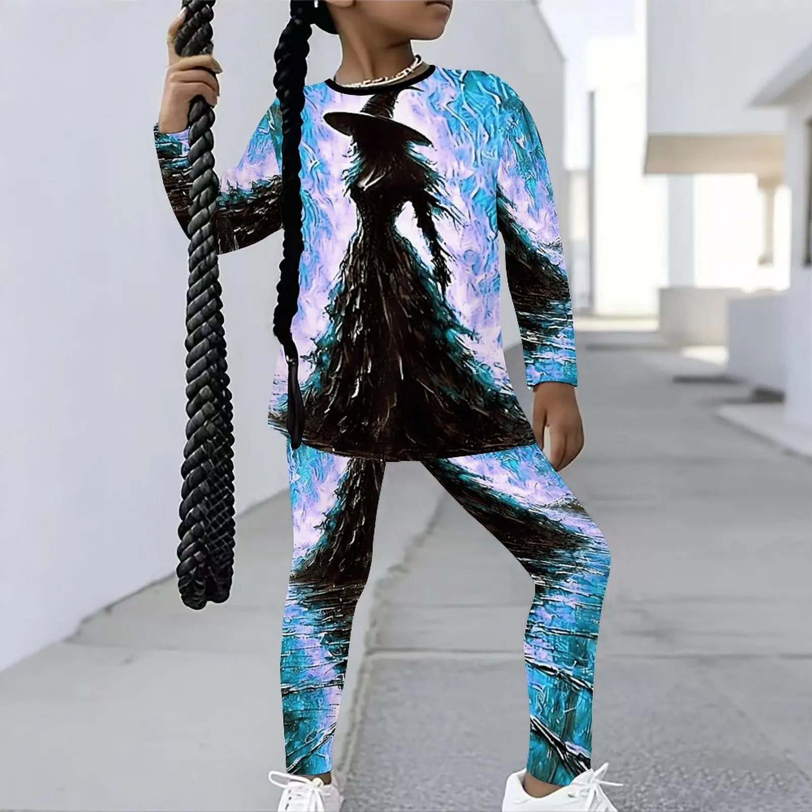 Girls Print Long Sleeve Round Neck Top Cute Two-Piece Casual T-shirt Autumn Leggings Winter Jogging Pants