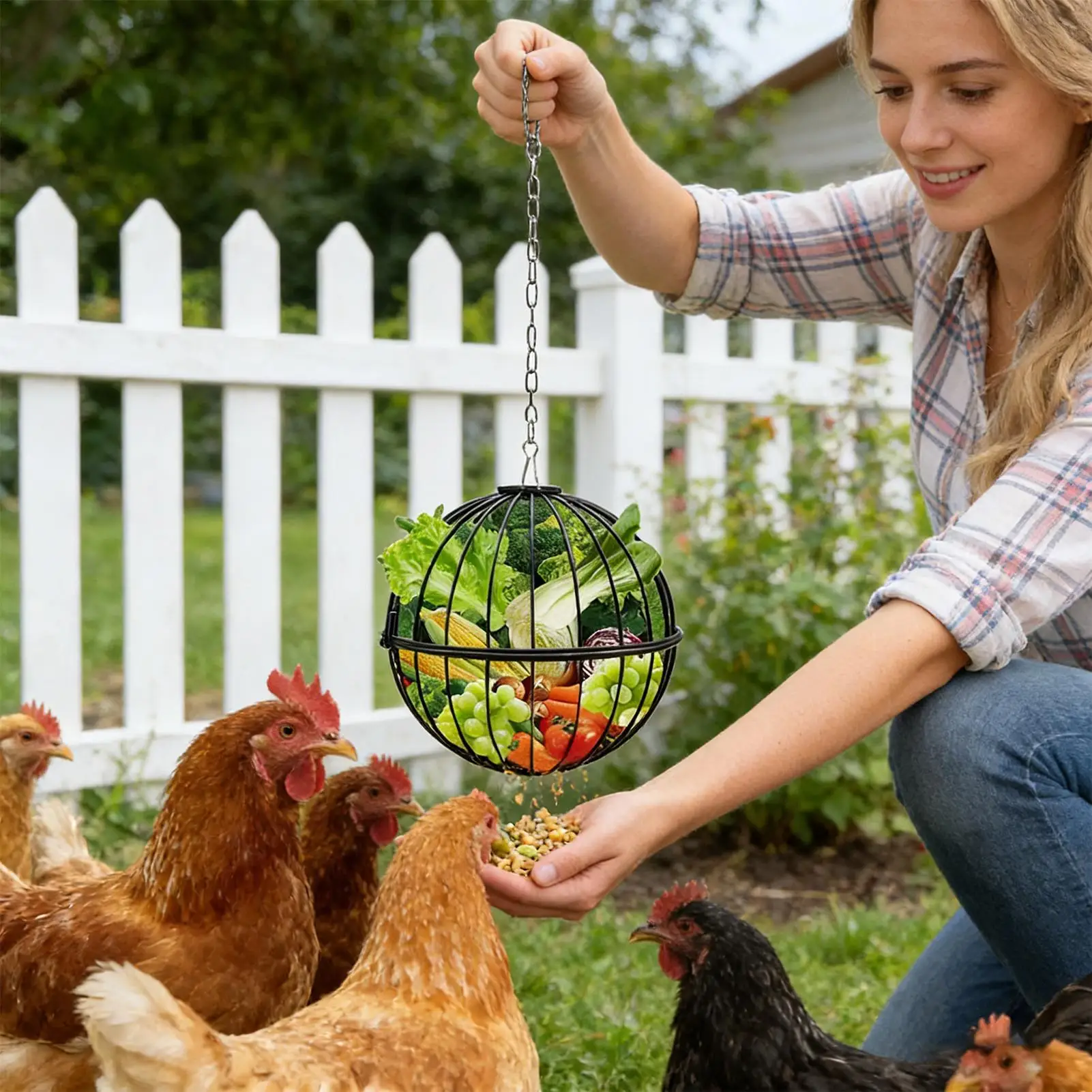 Comederos para pollos, dispensador de comida para gallinas de altura ajustable, comedero de Metal colgante para jaula de gallinero, pato al aire libre, codorniz, cabra, caballo