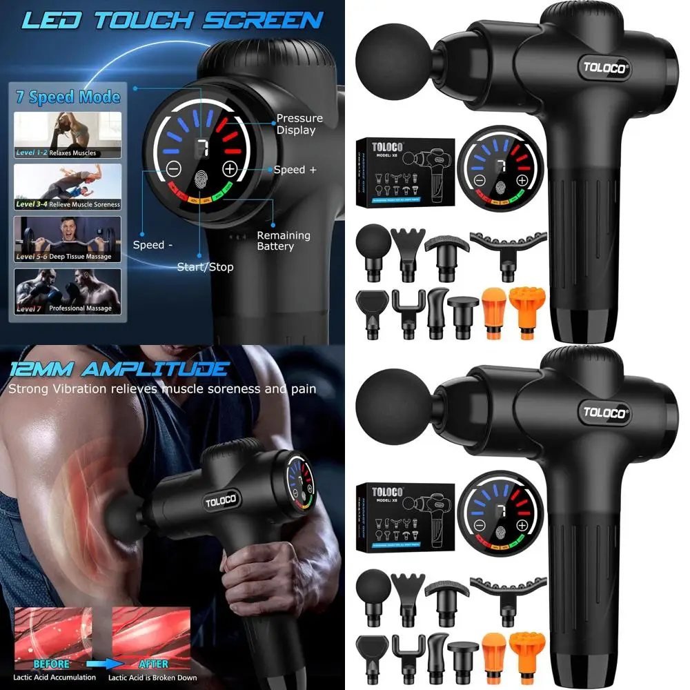 

Бесшумный портативный перкуссионный массажер для глубоких тканей с 10 насадками для спортсменов и расслабления, черный