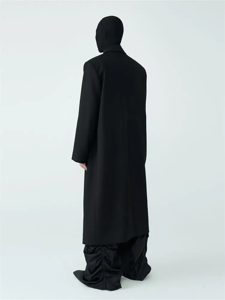 خندق بسيط 2025 خريف بدون أزرار نمط فضفاض أسود مرقع موضة معطف طويل سترة فاخرة #3