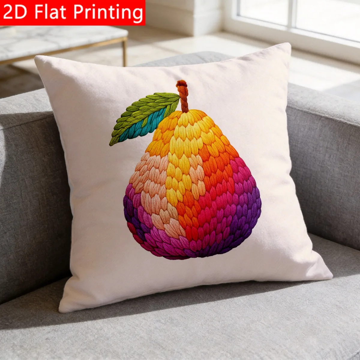 2D Flat - 1pc 2D Flat Throw Pillow Cover with Rainbow Embroidered Pear Fruit Design Print Polyester Soft, Durable And Lightweight Cushion Cover Without Pillow Core Suitable for Living Room, Bedroom And Office A Wonderful Housewarming Gift