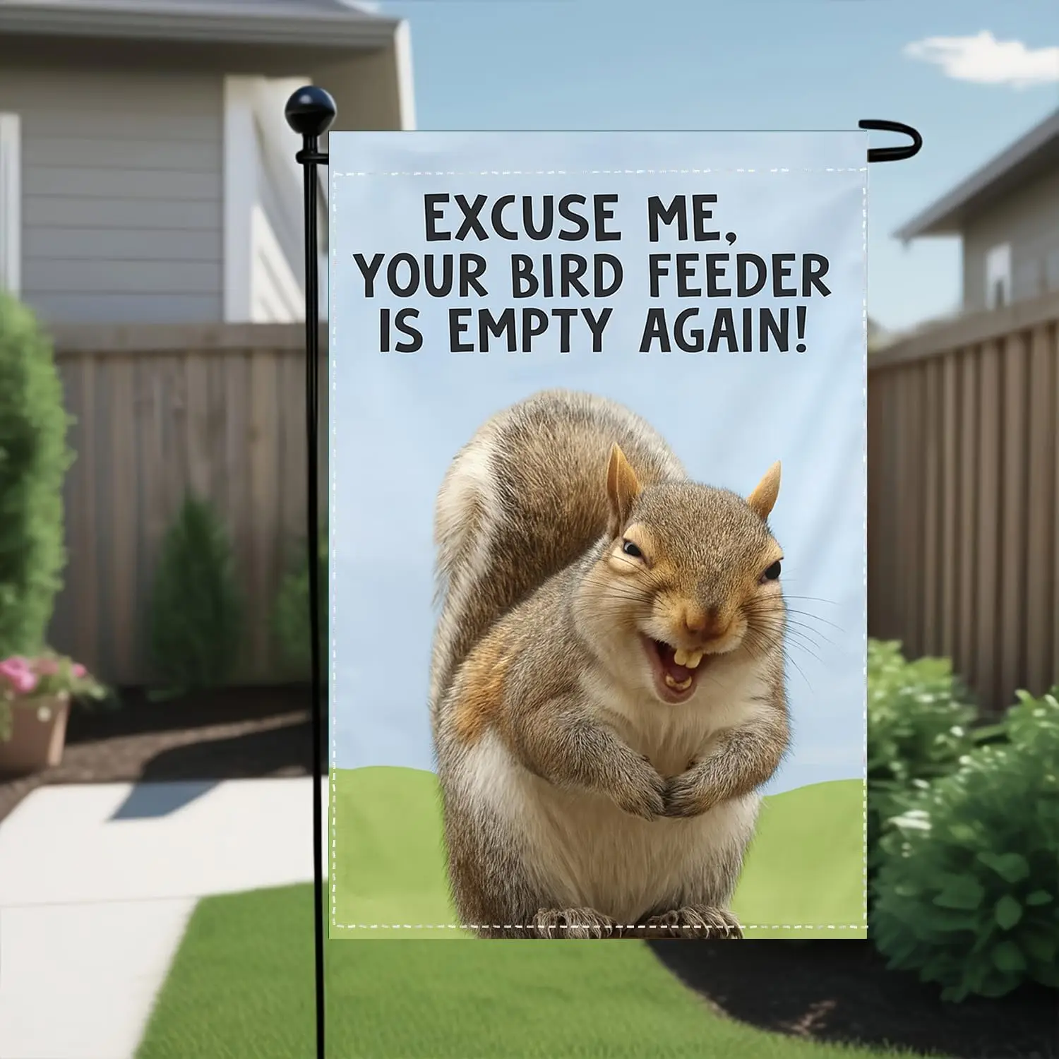 Squirrel Garden Flag, Bird Feeder Message, 12x18 Inch Double Sided Yard Flag for Outdoor Lawn, Patio, Porch or Backyard Deco jjp