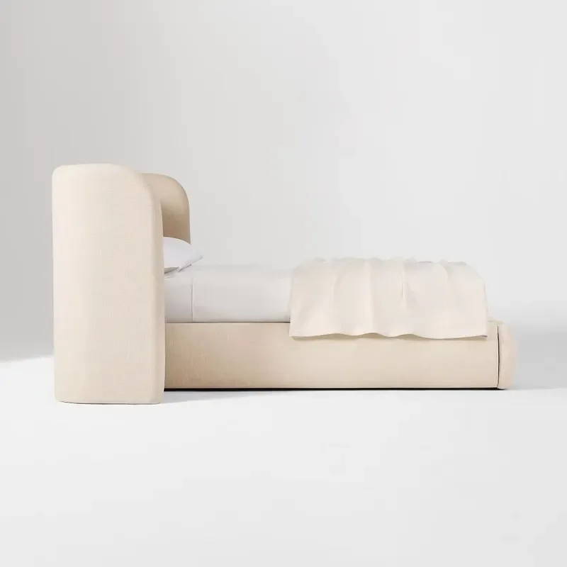 Modern Linen Upholstered Wing Headboard Bed Solid Wood Frame Built In Nightstand Luxury Wooden Platform Bed Villa Bedroom