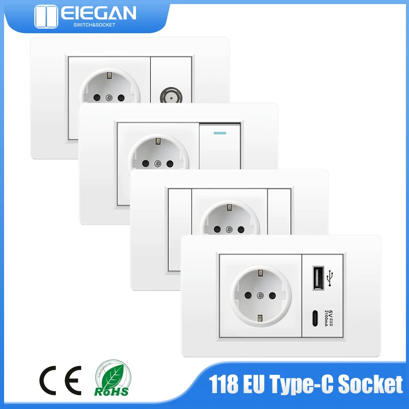 EU 118*72mm PC Panel 110V-250V Electric Light Switch and Wall Socket with USB Type-C 2.1A 5V Port 16A Power Double Switch Socket