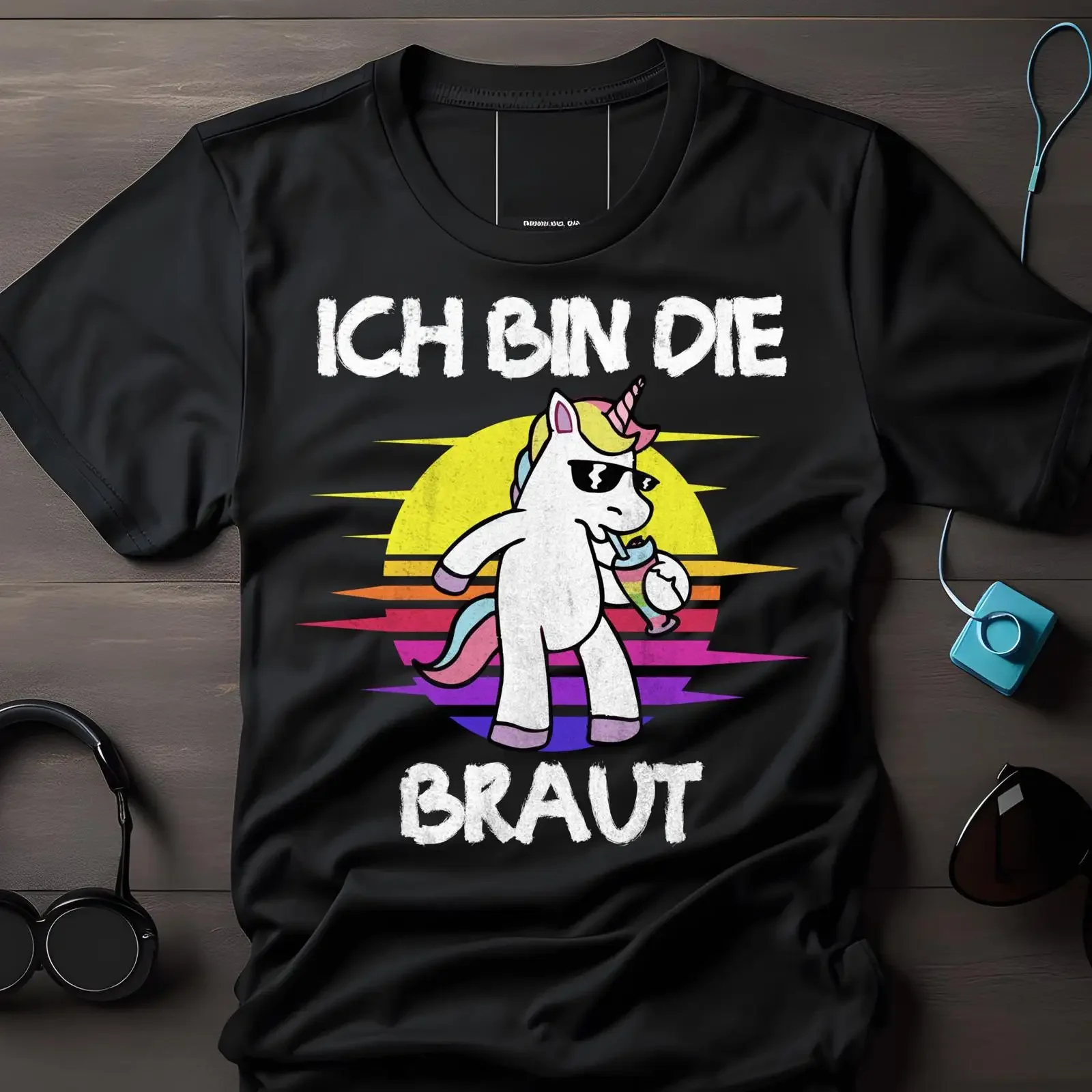 Funny I'm The Bride Unicorn Bachelorette T Shirt Bridal Party Wedding with Sunglasses Cocktail Print vintage Washed Stretched