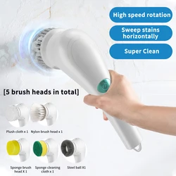 Escova de limpeza elétrica Spin, Escova portátil sem fio, Handheld Scrubber, Adequado para Banheiro, Ferramenta de Cozinha, 5 Pcs Cabeças